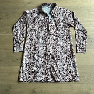 Cheetah Print Button Down Mini Shirt Dress Collared Long Sleeve Brown Small
